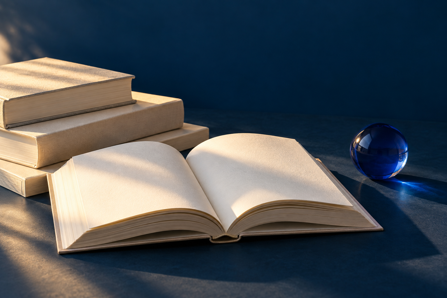 Livros abertos sob a luz do sol, ao lado de uma esfera azul.